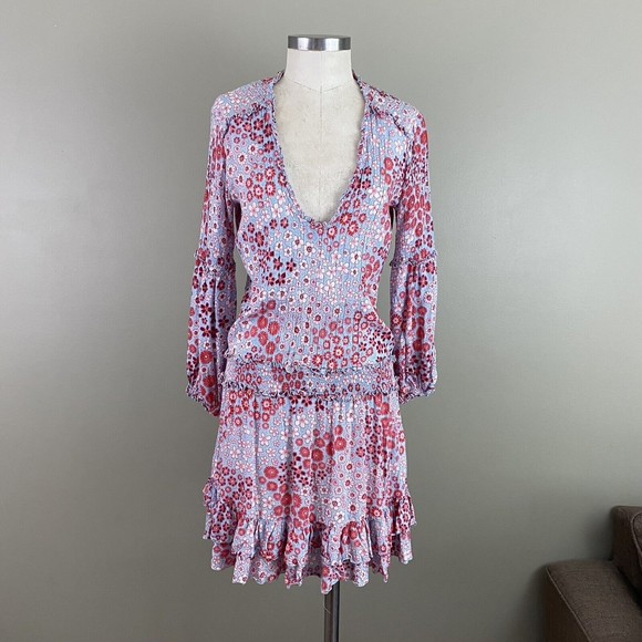 Dresses & Skirts - Poupette St Barth $430 Womens Floral Mini Dress XS Blue Rayon V-Neck Beach Boho